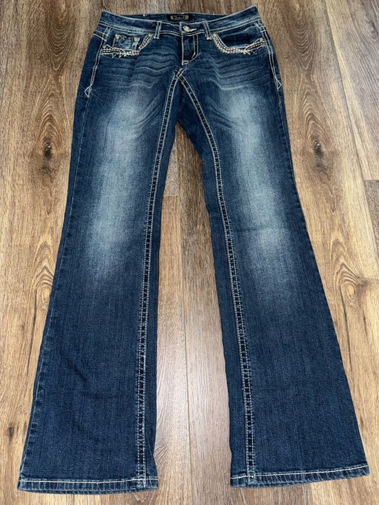 Shyanne Denim - Shyanne Mid Rise Bootcut Dark Wash Metallic / Leather Embellished Jeans Size 27